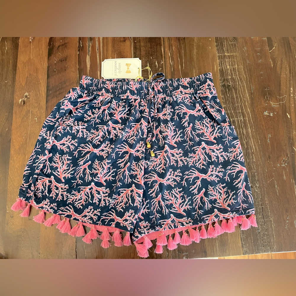 NWT (S/M) Simply Southern pink and blue shorts with tassels and pockets